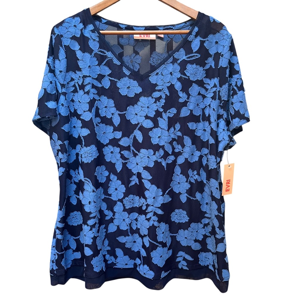 NWT Evri Blouse Top‎ Sheer Blue Black Cottage Boho Plus Size 1X